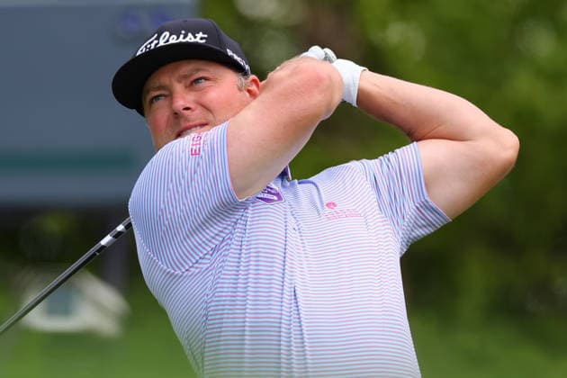 NEWTON SQUARE, PA - MAY 14: Austin Hurt of the United States tees off at the tenth tee during round 1 of the 2026 PGA, Golf Herren Championship on May 14, 2026 at Aronimink Golf Club in Newtown Square, Pennsylvania. (Photo by Rich Graessle Icon Sportswire) GOLF: MAY 14 PGA PGA Championship EDITORIAL USE ONLY Icon260514254811