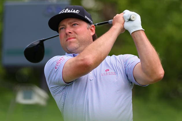 NEWTON SQUARE, PA - MAY 14: Austin Hurt of the United States tees off at the tenth tee during round 1 of the 2026 PGA, Golf Herren Championship on May 14, 2026 at Aronimink Golf Club in Newtown Square, Pennsylvania. (Photo by Rich Graessle Icon Sportswire) GOLF: MAY 14 PGA PGA Championship EDITORIAL USE ONLY Icon260514254821