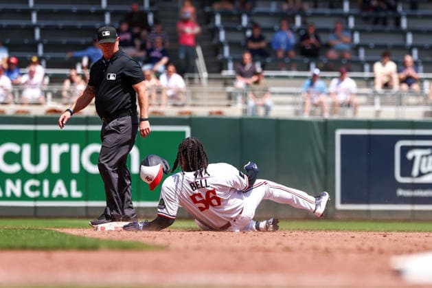 May 14, 2026, Minneapolis, Minnesota, USA: Minnesota Twins first baseman JOSH BELL (56) slides safely into second base for a RBI double during a MLB, Baseball Herren, USA Baseball game between the Miami Marlins and the Minnesota Twins at Target Field in Minneapolis, Minnesota on May 14th, 2026. ZUMA Press Wire. Minneapolis USA - ZUMAg254 20260514_zsp_g254_019 Copyright: xStevenxGarciax