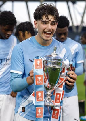 Manchester, England, 14th May 2026. Harrison Miles of Manchester City celebrates with the FA Youth Cup trophy following the Manchester City U18 vs Manchester United, ManU U18 FA Youth Cup Final match at the Academy Stadium, Manchester. Picture credit should read: Cody Froggatt Sportimage EDITORIAL USE ONLY. No use with unauthorised audio, video, data, fixture lists, club league logos or live services. Online in-match use limited to 120 images, no video emulation. No use in betting, games or single club league player publications. SPI_079_CF_MANCHESTER_CITY_U18_V_MANCHESTER_UNITED_U18 SPI-4801-0077