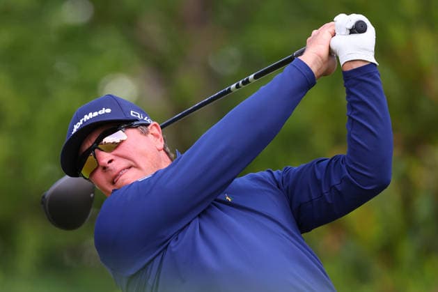 NEWTON SQUARE, PA - MAY 14: Michael Kartrude of the United States tees off at the tenth tee during round 1 of the 2026 PGA, Golf Herren Championship on May 14, 2026 at Aronimink Golf Club in Newtown Square, Pennsylvania. (Photo by Rich Graessle Icon Sportswire) GOLF: MAY 14 PGA PGA Championship EDITORIAL USE ONLY Icon260514254951