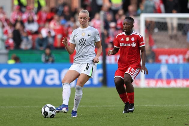 2026 05 14, xkwix, Football, Final DFB Cup Women, VfL Wolfsburg FC Bayern Munich, Season 2025 2026, Rhein Energie Stadium in Cologne Ella Peddemors VfL Wolfsburg Women 5 in a duel against Bernadette Amani FC Bayern Munich Women 15 DFB regulations prohibit any use of photographs as image sequences and or quasi video Photo xKamilxWilkowskixPressefotoKochx Nordrhein Westfalen Germany
