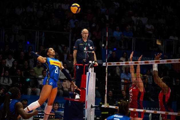 IPA84695111 - Loveth Omoruyi (ITA) spiking - BPER Test Match - Italy Women vs France Women. Biella Forum in Biella, Italy on May 14, 2026.  Copyright: xRiccardoxSpadettoxDexPaulis IPAxSportx xx 84695111