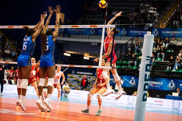 IPA84697449 - Danila Marchesini and Merit Adigwe (ITA) blocking - BPER Test Match - Italy Women vs France Women. Biella Forum in Biella, Italy on May 14, 2026.  Copyright: xRiccardoxSpadettoxDexPaulis IPAxSportx xx 84697449