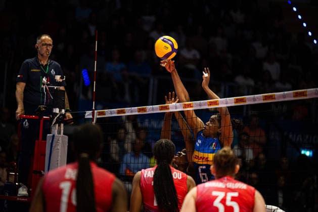 IPA84697450 - Dalila Marchesini (ITA) blocking - BPER Test Match - Italy Women vs France Women. Biella Forum in Biella, Italy on May 14, 2026.  Copyright: xRiccardoxSpadettoxDexPaulis IPAxSportx xx 84697450