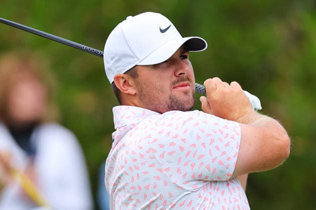 NEWTON SQUARE, PA - MAY 14: Chris Gotterup of the United States tees off at the first tee during round 1 of the 2026 PGA, Golf Herren Championship on May 14, 2026 at Aronimink Golf Club in Newtown Square, Pennsylvania. (Photo by Rich Graessle Icon Sportswire) GOLF: MAY 14 PGA PGA Championship EDITORIAL USE ONLY Icon260514255541