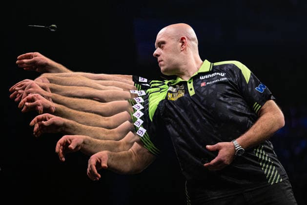 RECORD DATE NOT STATED 14th May 2026, Utilita Arena, Birmingham, Midlands, England; 2026 PDC Bet MGM Premier League Darts Night Fourteen; Multiple exposure of Michael van Gerwen in action against Gerwyn Price in their quarter final match GodfreyxPitt