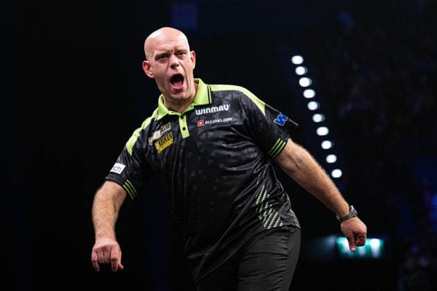 RECORD DATE NOT STATED 14th May 2026, Utilita Arena, Birmingham, Midlands, England; 2026 PDC Bet MGM Premier League Darts Night Fourteen; Michael van Gerwen celebrates winning a leg against Gerwyn Price GodfreyxPitt