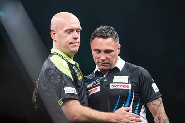 RECORD DATE NOT STATED 14th May 2026, Utilita Arena, Birmingham, Midlands, England; 2026 PDC Bet MGM Premier League Darts Night Fourteen; Michael van Gerwen congratulates Gerwyn Price on his win in their quarter final match GodfreyxPitt