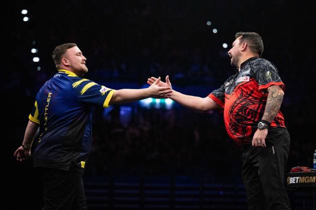 RECORD DATE NOT STATED 14th May 2026, Utilita Arena, Birmingham, Midlands, England; 2026 PDC Bet MGM Premier League Darts Night Fourteen; Luke Littler shakes hands with his opponent Jonny Clayton before their quarter final match GodfreyxPitt