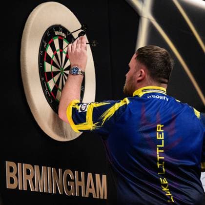 RECORD DATE NOT STATED 14th May 2026, Utilita Arena, Birmingham, Midlands, England; 2026 PDC Bet MGM Premier League Darts Night Fourteen; Luke Littler retrieves his darts after a big finish GodfreyxPitt