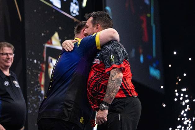RECORD DATE NOT STATED 14th May 2026, Utilita Arena, Birmingham, Midlands, England; 2026 PDC Bet MGM Premier League Darts Night Fourteen; Jonny Clayton congratulates Luke Littler on his victory in their quarter final match GodfreyxPitt