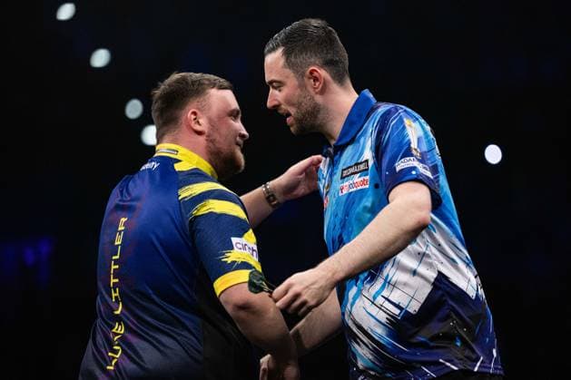 RECORD DATE NOT STATED 14th May 2026, Utilita Arena, Birmingham, Midlands, England; 2026 PDC Bet MGM Premier League Darts Night Fourteen; Luke Humphries greets his opponent Luke Littler before their semi final match GodfreyxPitt