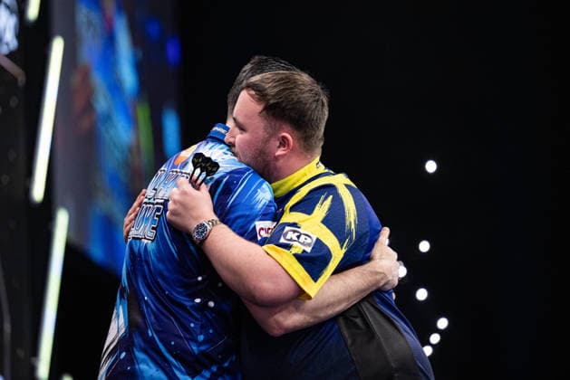 RECORD DATE NOT STATED 14th May 2026, Utilita Arena, Birmingham, Midlands, England; 2026 PDC Bet MGM Premier League Darts Night Fourteen; Luke Littler congratulates Luke Humphries on his victory in their semi final match GodfreyxPitt