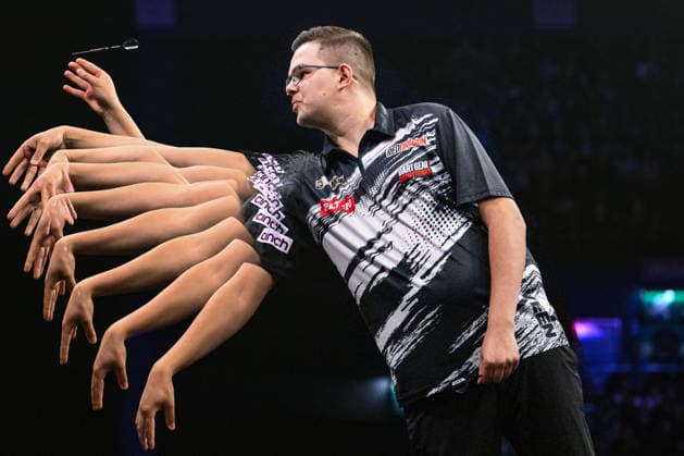 RECORD DATE NOT STATED 14th May 2026, Utilita Arena, Birmingham, Midlands, England; 2026 PDC Bet MGM Premier League Darts Night Fourteen; Multiple exposure of Gian van Veen in action against Josh Rock in their quarter final match GodfreyxPitt