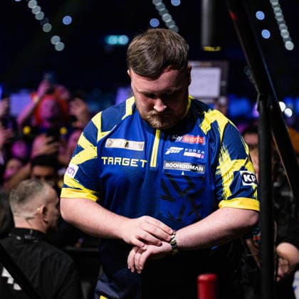 RECORD DATE NOT STATED 14th May 2026, Utilita Arena, Birmingham, Midlands, England; 2026 PDC Bet MGM Premier League Darts Night Fourteen; Luke Littler checks his watch on the way to the stage GodfreyxPitt