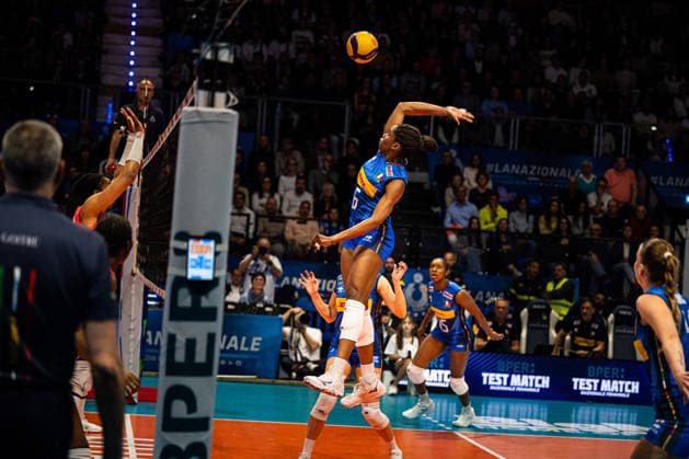 VOLLEY - Amichevole - BPER Test Match - Italy Women vs France Women Photo by IPA ABACAPRESS.COM84697441 - Dalila Marchesini (ITA) spiking - BPER Test Match - Italy Women vs France Women. Biella Forum in Biella, Italy on May 14 2026. Biella Italy  Copyright: xIPAxSport ABACAx