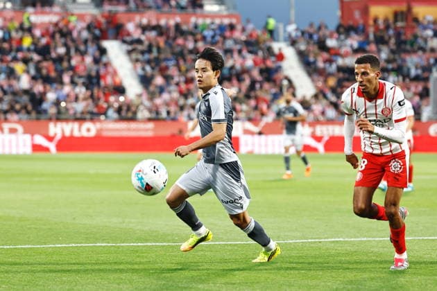 (L-R) Takefusa Kubo (Sociedad), Azzedine Ounahi (Girona), MAY 14, 2026 - Football Soccer : Spanish LaLiga EA Sports match between Girona FC - Real Sociedad at the Estadi Municipal de Montilivi in Girona, Spain. Noxthirdxpartyxsales  aflo_330431714