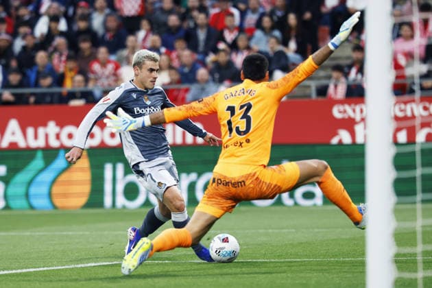 Ander Barrenetxea (Sociedad), Paulo Gazzaniga (Girona), MAY 14, 2026 - Football Soccer : Spanish La Liga EA Sports match between Girona FC 1-1 Real Sociedad at the Munincipal Montilivi in Girona, Spain. Noxthirdxpartyxsales  aflo_330413184