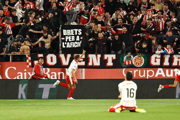 Girona fans, MAY 14, 2026 - Football Soccer : Girona fans celebrate after Stuani s goal during Spanish LaLiga EA Sports match between Girona FC - Real Sociedad at the Estadi Municipal de Montilivi in Girona, Spain. Noxthirdxpartyxsales  aflo_330431931