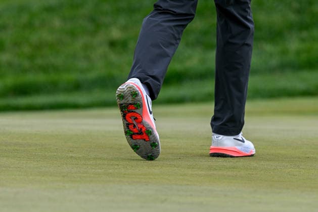 NEWTON SQUARE, PA - MAY 14: The Nike shoes of Scottie Scheffler are shown during round one of the 2026 PGA, Golf Herren Championship on May 14th, 2026 at Aronimink Golf Club in Newtown Square, PA.(Photo by Terence Lewis Icon Sportswire) GOLF: MAY 14 PGA PGA Championship EDITORIAL USE ONLY Icon260514067