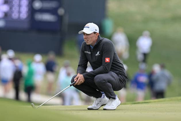 NEWTON SQUARE, PA - MAY 14: Matt Fitzpatrick of England lines up his shot during round one of the 2026 PGA, Golf Herren Championship on May 14th, 2026 at Aronimink Golf Club in Newtown Square, PA.(Photo by Terence Lewis Icon Sportswire) GOLF: MAY 14 PGA PGA Championship EDITORIAL USE ONLY Icon260514071