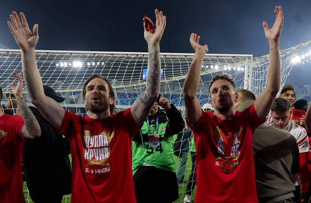 Crvena Zvezda v Vojvodina, Serbian Cup Final 2025 2026 Loznica, Serbia. 13th May, 2026. Crvena Zvezda s Aleksandar Katai and Strahinja Erakovic during Serbian Cup Final football match between Crvena Zvezda (Red Star) and Vojvodina on May 13. 2026. in Loznica, Serbia. Loznica Serbia Copyright: xPedjaxMilosavljevic STARSPORTx x