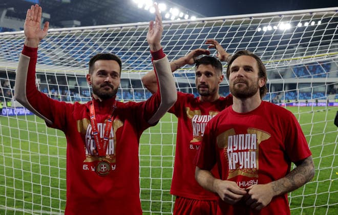 Crvena Zvezda v Vojvodina, Serbian Cup Final 2025 2026 Loznica, Serbia. 13th May, 2026. Crvena Zvezda s Mirko Ivanic, Rade Krunic and Aleksandar Katai during Serbian Cup Final football match between Crvena Zvezda (Red Star) and Vojvodina on May 13. 2026. in Loznica, Serbia. Loznica Serbia Copyright: xPedjaxMilosavljevic STARSPORTx x
