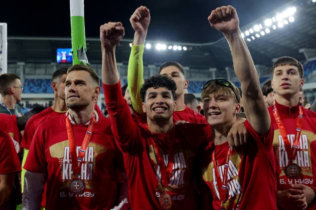 Crvena Zvezda v Vojvodina, Serbian Cup Final 2025 2026 Loznica, Serbia. 13th May, 2026. Crvena Zvezda s Timi Max Elsnik, Adem Avdic and Vasilije Kostov during Serbian Cup Final football match between Crvena Zvezda (Red Star) and Vojvodina on May 13. 2026. in Loznica, Serbia. Loznica Serbia Copyright: xPedjaxMilosavljevic STARSPORTx x