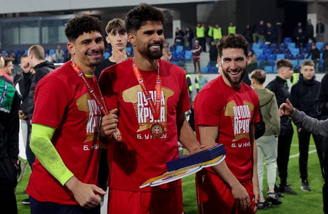 Crvena Zvezda v Vojvodina, Serbian Cup Final 2025 2026 Loznica, Serbia. 13th May, 2026. Crvena Zvezda s goalkeeper Lima Magalhaes Matheus, De Souza Prado Rodrigao and Nayair Tiknizyan during Serbian Cup Final football match between Crvena Zvezda (Red Star) and Vojvodina on May 13. 2026. in Loznica, Serbia. Loznica Serbia Copyright: xPedjaxMilosavljevic STARSPORTx x