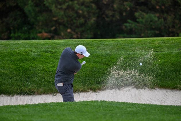 NEWTON SQUARE, PA - MAY 14: Matt Fitzpatrick of England is shown in the bunker during round one of the 2026 PGA, Golf Herren Championship on May 14th, 2026 at Aronimink Golf Club in Newtown Square, PA.(Photo by Terence Lewis Icon Sportswire) GOLF: MAY 14 PGA PGA Championship EDITORIAL USE ONLY Icon260514145