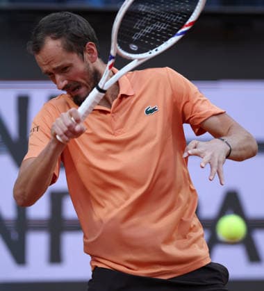 (260515) -- ROME, May 15, 2026 -- Daniil Medvedev of Russia hits a return during the men s singles quarterfinal match between Martin Landaluce of Spain and Daniil Medvedev of Russia at the ATP, Tennis Herren Italian Open in Rome, Italy, May 14, 2026. ) (SP)ITALY-ROME-TENNIS-ATP-MARTIN LANDALUCE VS DANIIL MEDVEDEV LixJing 