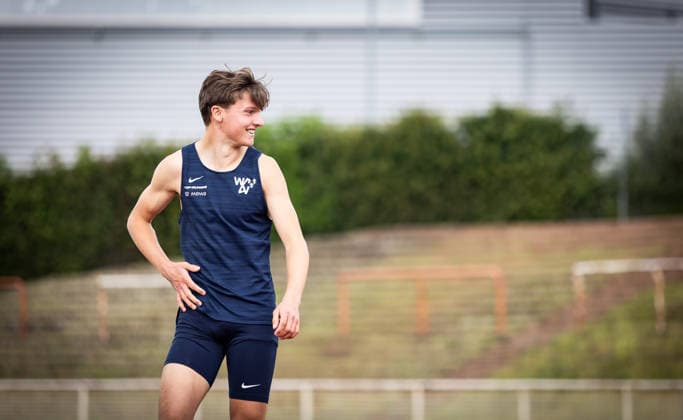 7 Wiesbadener Sprungmeeting WI JUMP Wiesbaden, 14 05 2026 Henrik Scholz Wiesbadener LV is happy about a successful attempt in the long jump 7 Wiesbadener Sprungmeeting WI JUMP on 14 05 2026 at the Helmut Schön Sportpark in Wiesbaden Hessen Copyright: xBEAUTIFULxSPORTS R.xSchmittx