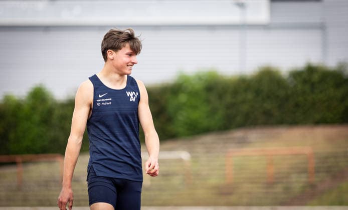 7 Wiesbadener Sprungmeeting WI JUMP Wiesbaden, 14 05 2026 Henrik Scholz Wiesbadener LV is happy about a successful attempt in the long jump 7 Wiesbadener Sprungmeeting WI JUMP on 14 05 2026 at the Helmut Schön Sportpark in Wiesbaden Hessen Copyright: xBEAUTIFULxSPORTS R.xSchmittx
