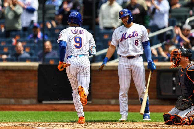 MLB, Baseball Herren, USA Tigers Vs. Mets New York Mets player A.J. Ewing 9 is congratulated after rounding the bases following a home run during the third inning of a baseball game against the Detroit Tigers at Citi Field in Flushing, New York, on May 14, 2026. Flushing N.Y. United States  Copyright: xGordonxDonovanx originalFilename:donovan-mlbtiger260514_npZe9.jpg