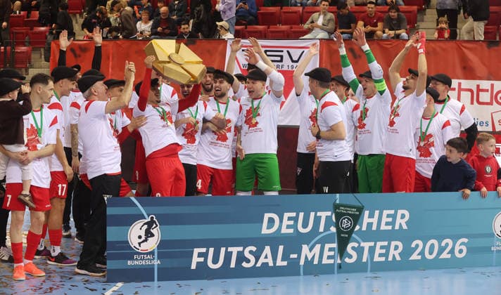 Stuttgart , Futsal Bundesliga Final German Championship Game 2 , TSV Weilimdorf vs HOT 05 Futsal , Cheers Weilimdorf with the trophy