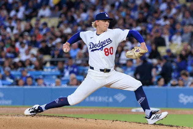 May 14, 2026, Los Angeles, California, USA: Starting pitcher, Emmet Sheehan 80 of the Los Angeles Dodgers during a regular season MLB, Baseball Herren, USA game against the San Francisco Giants on Thursday May 14, 2026 at Dodger Stadium in Los Angeles, California. Dodgers defeat Giants, 5-2. JAVIER ROJAS PI Los Angeles USA - ZUMAp124 20260514_zaa_p124_007 Copyright: xJavierxRojasx