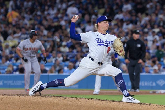 May 14, 2026, Los Angeles, California, USA: Starting pitcher, Emmet Sheehan 80 of the Los Angeles Dodgers during a regular season MLB, Baseball Herren, USA game against the San Francisco Giants on Thursday May 14, 2026 at Dodger Stadium in Los Angeles, California. Dodgers defeat Giants, 5-2. JAVIER ROJAS PI Los Angeles USA - ZUMAp124 20260514_zaa_p124_009 Copyright: xJavierxRojasx