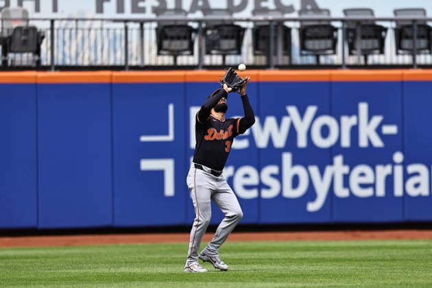 MLB, Baseball Herren, USA Tigers Vs. Mets Detroit Tigers left fielder Riley Greene 31 makes a catch during the third inning of the baseball game against the New York Mets at Citi Field in Flushing, New York, on May 14, 2026. Flushing N.Y. United States  Copyright: xGordonxDonovanx originalFilename:donovan-mlbtiger260514_npxEq.jpg