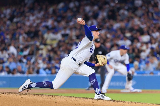 May 14, 2026, Los Angeles, California, USA: Starting pitcher, Emmet Sheehan 80 of the Los Angeles Dodgers during a regular season MLB, Baseball Herren, USA game against the San Francisco Giants on Thursday May 14, 2026 at Dodger Stadium in Los Angeles, California. Dodgers defeat Giants, 5-2. JAVIER ROJAS PI Los Angeles USA - ZUMAp124 20260514_zaa_p124_012 Copyright: xJavierxRojasx