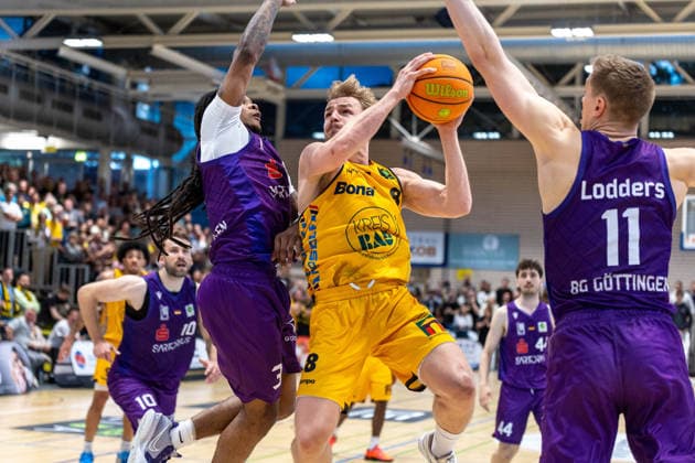 Jordan Sears BG Goettingen, 03 Lucas Mayer Bozic Estriche Knights Kirchheim, 08 Julius Boehmer BG Goettingen, 44 Robin Lodders BG Goettingen, 11 GER, Bozic Estriche Knights Kirchheim vs BG Goettingen, BARMER 2 Basketball Bundesliga, Playoffs Game 4, Season 2025 2026, 14 05 2026 GER, Bozic Estriche Knights Kirchheim vs BG Goettingen, BARMER 2 Basketball Bundesliga, Playoffs Game 4, Season 2025 2026, 14 05 2026 Goeppingen Copyright: xEibner-Pressefoto NinaxSanderx EP_NSR