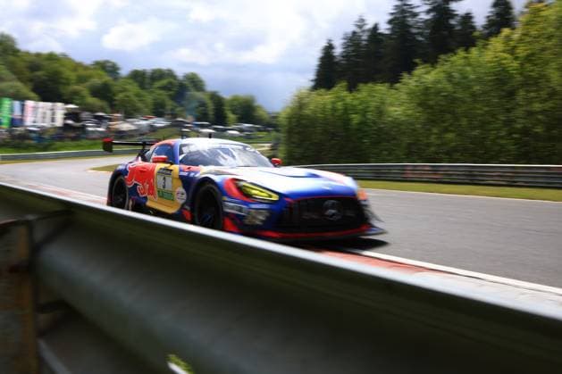 The Mercedes AMG GT3 Daniel Juncadella Jules Gounon Lucas Auer Max Verstappen Mercedes AMG Team Verstappen Racing of the Mercedes AMG Team Verstappen Racing drives at high speed through a corner on the Nürburgring The vehicle wears the striking Red Bull livery in blue, red and yellow with the clearly visible starting number 3 In the background are crash barriers, The picture was taken with a slight panning technique, which impressively underlines the dynamics and speed of the race at the ADAC RAVENOL 24h Nürburgring 2026 Mercedes AMG GT3 3 from Verstappen Racing at the Nürburgring Copyright: xMichaelxGelhardtx