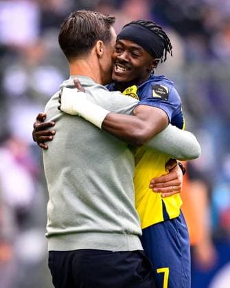 Royale Union Saint-Gilloise v RSC Anderlecht - Belgian Croky Cup Final BRUSSELS, BELGIUM - MAY 14 : Fuseini Mohammed Gadafi forward of Royale Union Saint-Gilloise celebrates with Hubert David head coach of Royale Union Saint-Gilloise after scoring the 2-1 goal during the Belgian Croky Cup final match between Royale Union Saint-Gilloise and RSC Anderlecht on May 14, 2026 in Brussels, Belgium, 14 05 2026  Copyright: xTomasxSiskx