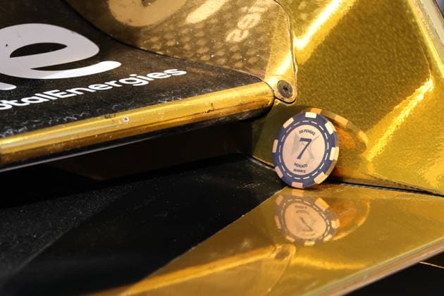 DS Penske number 7 roulette chip on the front wing of their Gen3 Evo race car, pit lane, FIA Formula E World Championship season 12, Monaco E Prix, MonteCarlo, MC, 15 05 2026,