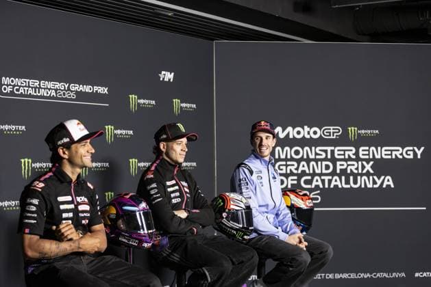 RECORD DATE NOT STATED MotoGP, 6th round of the World Championship, WM, Weltmeisterschaft in Catalonia Barcelona Barcelona (Spain), 14 05 2026 - Marco Bezzecchi (72), Aprilia Racing rider, Jorge Martin (89), Aprilia Racing rider and Alex Marquez (73), BK8 Gresini Racing MotoGP rider, during a press conference, PK, Pressekonferenz for the 6th round of the MotoGP World Championship, Grande Prix de Catalunya, Barcelona Spain Catalonia Spain Copyright: xJoaquimxGalantex