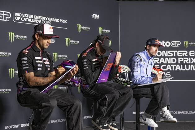 RECORD DATE NOT STATED MotoGP, 6th round of the World Championship, WM, Weltmeisterschaft in Catalonia Barcelona Barcelona (Spain), 14 05 2026 - Marco Bezzecchi (72), Aprilia Racing rider, Jorge Martin (89), Aprilia Racing rider and Alex Marquez (73), BK8 Gresini Racing MotoGP rider, during a press conference, PK, Pressekonferenz for the 6th round of the MotoGP World Championship, Grande Prix de Catalunya, Barcelona Spain Catalonia Spain Copyright: xJoaquimxGalantex