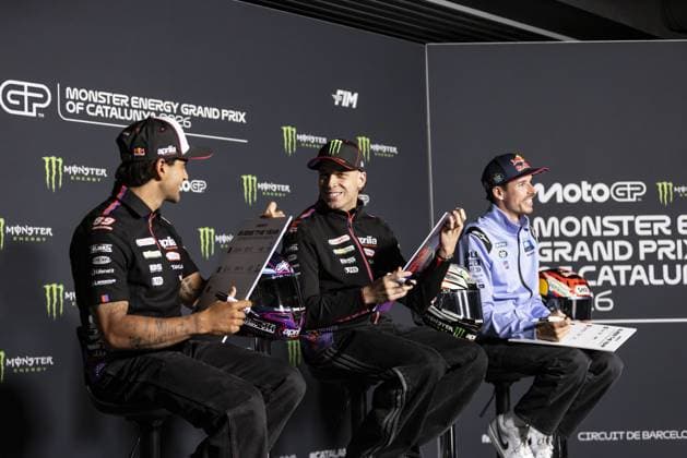 RECORD DATE NOT STATED MotoGP, 6th round of the World Championship, WM, Weltmeisterschaft in Catalonia Barcelona Barcelona (Spain), 14 05 2026 - Marco Bezzecchi (72), Aprilia Racing rider, Jorge Martin (89), Aprilia Racing rider and Alex Marquez (73), BK8 Gresini Racing MotoGP rider, during a press conference, PK, Pressekonferenz for the 6th round of the MotoGP World Championship, Grande Prix de Catalunya, Barcelona Spain Catalonia Spain Copyright: xJoaquimxGalantex