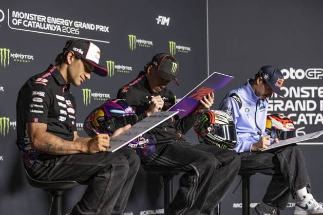 RECORD DATE NOT STATED MotoGP, 6th round of the World Championship, WM, Weltmeisterschaft in Catalonia Barcelona Barcelona (Spain), 14 05 2026 - Marco Bezzecchi (72), Aprilia Racing rider, Jorge Martin (89), Aprilia Racing rider and Alex Marquez (73), BK8 Gresini Racing MotoGP rider, during a press conference, PK, Pressekonferenz for the 6th round of the MotoGP World Championship, Grande Prix de Catalunya, Barcelona Spain Catalonia Spain Copyright: xJoaquimxGalantex