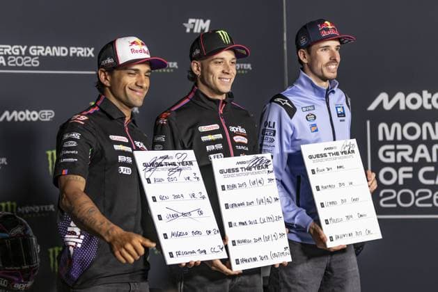 RECORD DATE NOT STATED MotoGP, 6th round of the World Championship, WM, Weltmeisterschaft in Catalonia Barcelona Barcelona (Spain), 14 05 2026 - Marco Bezzecchi (72), Aprilia Racing rider, Jorge Martin (89), Aprilia Racing rider and Alex Marquez (73), BK8 Gresini Racing MotoGP rider, during a press conference, PK, Pressekonferenz for the 6th round of the MotoGP World Championship, Grande Prix de Catalunya, Barcelona Spain Catalonia Spain Copyright: xJoaquimxGalantex
