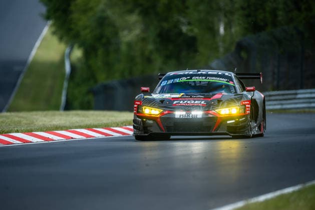 The Audi R8 LMS GT3 evo II with starting number 75 from the Max Kruse Racing team with drivers Dominik Fugel, Marcel Fugel, Benjamin Leuchter and Tom Coronel drives during the top qualifying session on the Nordschleife of the Nürburgring Nürburg Rhineland-Palatinate Germany